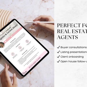 May include: A digital tablet displaying a real estate presentation with the text "Due Diligence & Earnest Money." The tablet is held by a person, and the text "Perfect for Real Estate Agents" is visible, along with bullet points for buyer consultations and more.
