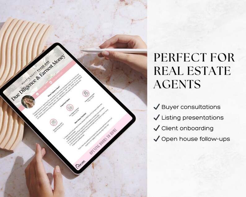 May include: A digital tablet displaying a real estate presentation with the text "Due Diligence & Earnest Money." The tablet is held by a person, and the text "Perfect for Real Estate Agents" is visible, along with bullet points for buyer consultations and more.