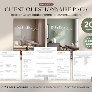 Pode incluir: Um Pacote de Questionário do Cliente para imobiliário, com formulários para compradores e vendedores. O pacote inclui 20 páginas de documentos PDF preenchíveis e editáveis. O design inclui o texto "Selling a home" e "Buying a home".