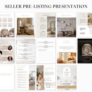 May include: A presentation with the title "SELLER PRE-LISTING PRESENTATION" on a white background. The presentation includes pages with text and images related to marketing, staging, and client reviews. The phrase "SCHEDULE A CALL TODAY!" is also visible.