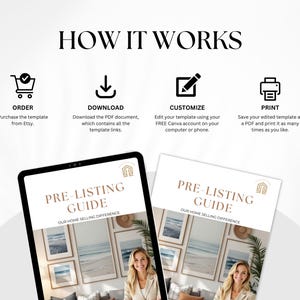 May include: An image with the text "HOW IT WORKS" and four steps: Order, Download, Customize, and Print. Below, a tablet and a printed document display "PRE-LISTING GUIDE" and a woman's image. The guide is for home selling.