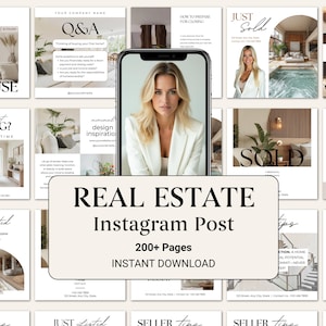 Könnte beinhalten: Ein digitales Produkt-Mockup für Immobilien-Instagram-Posts. Das Bild zeigt eine Frau in einem weißen Blazer, die ein Telefon hält, umgeben von Immobilien-Grafiken. Der Text enthält "Real Estate Instagram Post", "200+ Pages" und "Instant Download".