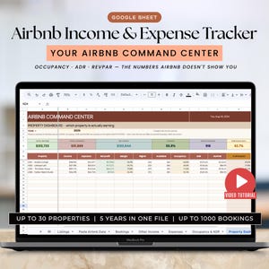 May include: A laptop screen displaying a Google Sheet titled Airbnb Income & Expense Tracker. The spreadsheet features a Property Dashboard with columns for income, expenses, net profit, margin, nights, occupancy, ADR, and RevPAR for 30 properties.