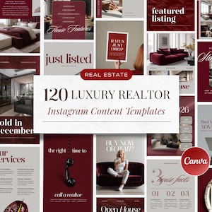 Può includere: Una raccolta di 120 modelli di contenuti Instagram per agenti immobiliari di lusso. I modelli presentano una combinazione di colori bordeaux e bianco con testo come "just listed", "house facts" e "featured listing". Il logo Canva è visibile.