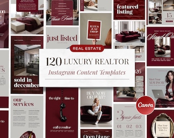 Burgundy Real Estate Instagram Templates, 120 Canva Realtor Posts & Stories, Aesthetic Social Media Marketing Kit, Luxury Social Media Kit