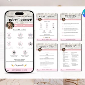May include: A smartphone screen displays a real estate document titled "Under Contract!" with a photo and pink accents. Additional documents include a pre-closing checklist, appraisal and escrow details, and a closing day overview. The Canva logo is visible.