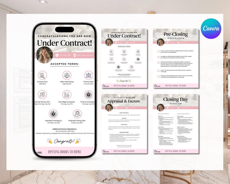 May include: A smartphone screen displays a real estate document titled "Under Contract!" with a photo and pink accents. Additional documents include a pre-closing checklist, appraisal and escrow details, and a closing day overview. The Canva logo is visible.