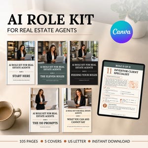 Puede incluir: Un kit de roles de IA para agentes inmobiliarios con cinco portadas de documentos y una pantalla de tableta que muestra la guía Investor Client Specialist. El texto incluye AI ROLE KIT FOR REAL ESTATE AGENTS, 105 PAGES, 5 COVERS y US LETTER.