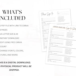 May include: Digital download of open house and sign-in sheets. The sheets include fields for name, email, and current needs. The text "What's Included" and "Please Sign In" are visible. The sheets are US Letter and A4 size.