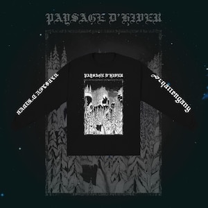May include: Black long-sleeved shirt with a winter forest graphic. The shirt features the text "Paysage D'Hiver" in gothic font across the top and on the front, with additional text on the sleeves. The graphic is a black and white illustration of a snowy forest scene.