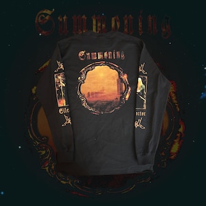 May include: Black long-sleeve shirt with the word "Summoning" in a gothic font across the back. The shirt features a circular design with a sunset scene and text on the sleeves. The shirt is a dark color.