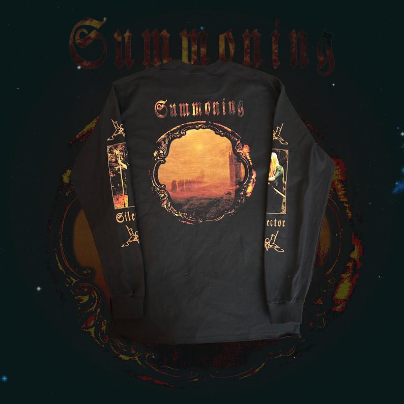 May include: Black long-sleeve shirt with the word "Summoning" in a gothic font across the back. The shirt features a circular design with a sunset scene and text on the sleeves. The shirt is a dark color.