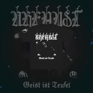 Peut inclure: T-shirt noir avec le mot "Wyrdhyst" en police gothique. Le t-shirt présente également le texte "Geist ist Teufel" et un graphisme. L'arrière-plan est sombre avec une silhouette et des étoiles.