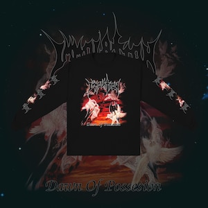 May include: Black long-sleeve shirt with a graphic design featuring white figures, red accents, and the text "Dawn Of Possession." The sleeves have additional white text and designs. The shirt is set against a dark background with a celestial theme.