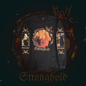 May include: Black long-sleeve shirt with a circular graphic featuring a cityscape in shades of orange and yellow. The word "Stronghold" is below the graphic. Sleeves have additional graphics and the words "Protector" and "Silenius".