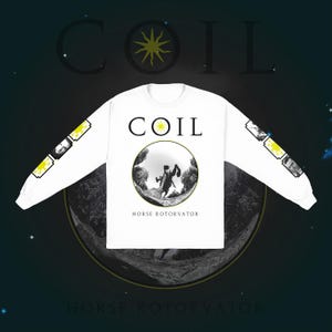 May include: A white long-sleeve shirt featuring the text COIL with a yellow sun icon replacing the letter O. Below, a circular graphic shows a black and white illustration of a horse and rider, with the text HORSE ROTORVATOR printed underneath.