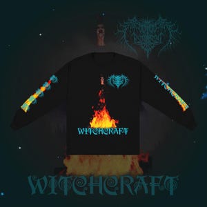 May include: A black long-sleeve shirt featuring a central graphic of a bright orange and yellow fire. Above the fire is a blue, intricate, symmetrical design. The word "WITCHCRAFT" is printed in blue below the fire and on the sleeves.