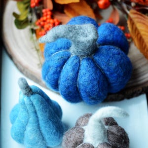 Needle Felted Pumpkin Set: Blue & Grey Wool Gourds Inspired by Polish Pottery