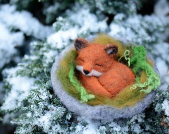 Handmade Needle Felted Sleeping Fox in Wool Nest: Woodland Decor