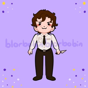 K&ouml;nnte beinhalten: Eine Cartoon-Illustration einer Person mit braunen Haaren, die ein wei&szlig;es Hemd mit schwarzer Krawatte und braune Hose tr&auml;gt. Die Person h&auml;lt ein kleines Messer in ihrer rechten Hand.
