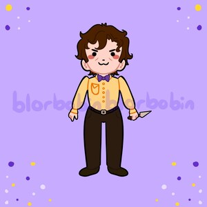 K&ouml;nnte beinhalten: Eine Cartoon-Illustration einer Person mit braunen Haaren, die ein gelbes Hemd mit einer lila Schleife, eine braune Hose tr&auml;gt und ein kleines Messer h&auml;lt. Der Hintergrund ist helllila mit wei&szlig;en und gelben Punkten.