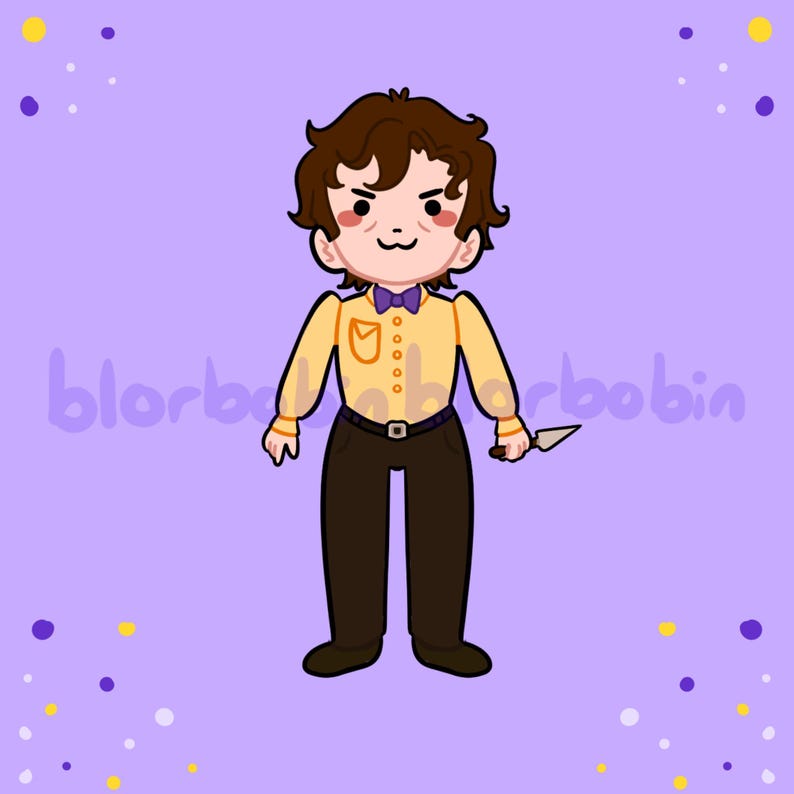 K&ouml;nnte beinhalten: Eine Cartoon-Illustration einer Person mit braunen Haaren, die ein gelbes Hemd mit einer lila Schleife, eine braune Hose tr&auml;gt und ein kleines Messer h&auml;lt. Der Hintergrund ist helllila mit wei&szlig;en und gelben Punkten.