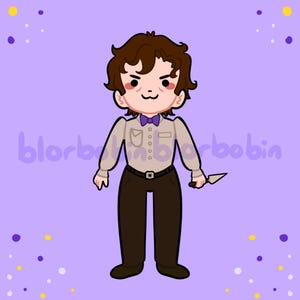 K&ouml;nnte beinhalten: Eine Cartoon-Illustration einer Person mit braunen Haaren, die ein hellbraunes Hemd mit einer lila Schleife, eine braune Hose tr&auml;gt und ein kleines Messer h&auml;lt. Der Hintergrund ist helllila mit wei&szlig;en und gelben Punkten.