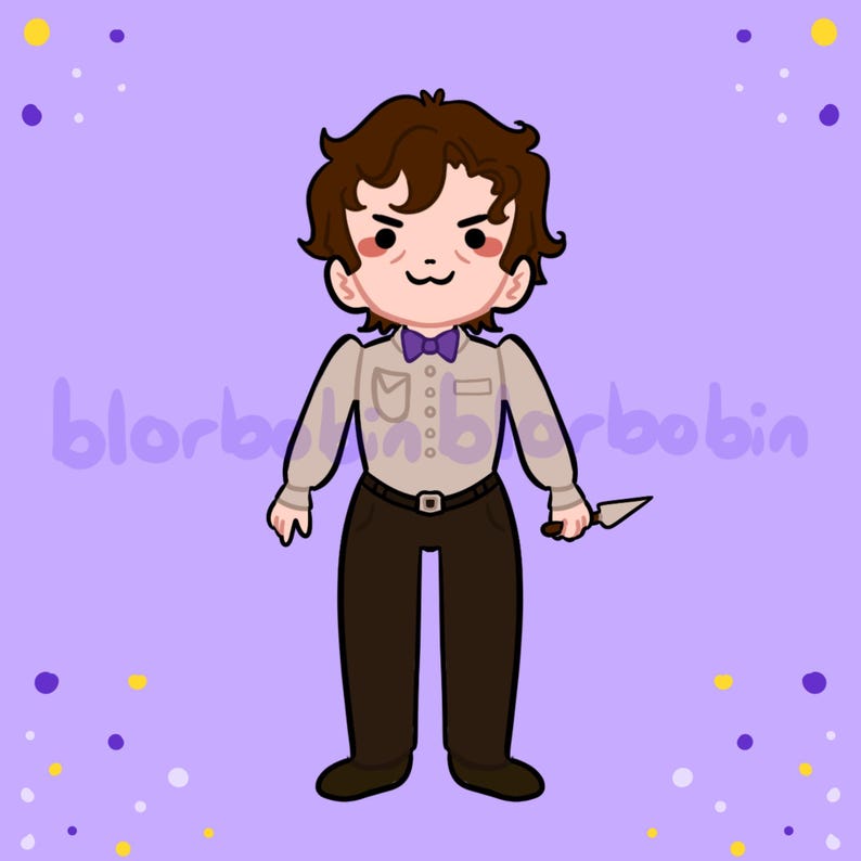 K&ouml;nnte beinhalten: Eine Cartoon-Illustration einer Person mit braunen Haaren, die ein hellbraunes Hemd mit einer lila Schleife, eine braune Hose tr&auml;gt und ein kleines Messer h&auml;lt. Der Hintergrund ist helllila mit wei&szlig;en und gelben Punkten.