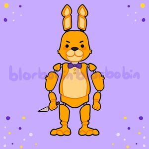 K&ouml;nnte beinhalten: Eine Cartoon-Illustration eines gelben Kaninchens mit einer lila Schleife, das ein Messer h&auml;lt. Das Kaninchen hat einen bedrohlichen Ausdruck und steht auf einem lila Hintergrund mit wei&szlig;en und gelben Punkten.