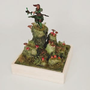 Fantasy forest diorama - Forest miniature - Elf on rock - Vegetation & mushrooms - fairy scene - painted figurine