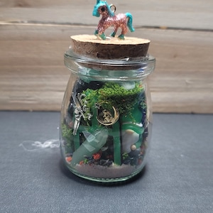 Magical EARTH UNICORN Garden ( Smokey Quartz , Green Aventurine Crystals )  Jar .