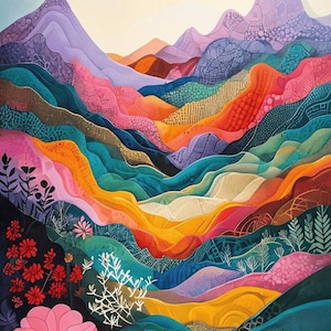 Peut inclure: Une peinture abstraite colorée représentant un paysage avec des montagnes et des fleurs. Les montagnes sont composées de différentes nuances de violet, rose, orange, jaune, vert et bleu. Les fleurs sont roses, rouges et blanches. La peinture est réalisée dans un style qui rappelle l'art populaire.
