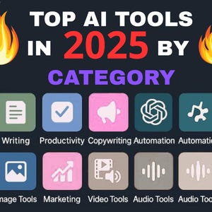Op de afbeelding: Een donkerblauwe afbeelding met de tekst "TOP AI TOOLS IN 2025 BY CATEGORY". De afbeelding bevat pictogrammen voor verschillende AI-toolcategorieën, zoals schrijven en marketing, met vlammen aan weerszijden van de titel.