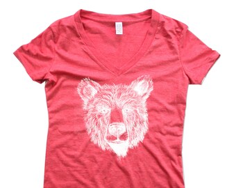 Vneck - Womens Polar Bear Vneck Tshirt - bear shirt - Red bear vneck tshirt - Bears - In Small, Medium, Large and XL