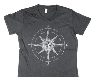 Womens Dark Grey Compass Tshirt - womens Compass - organic cotton - Small, Medium, Large, XL