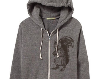 Mens Squirrel Hoodie - UNISEX - Heather Grey Zip Hoodie - Small, Medium, Large, XL - Eco Friendly Clothing