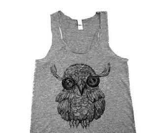 womens owl tank - tanks-womens tank top - burgundy -eggplant - owl print - original art - illustration - sm, md, lg, xl