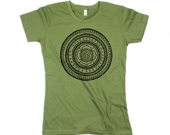 womens green mandala shirt, green mandala tshirt, army green, olive green, mandala print, boho shirt - small, medium, large, xl