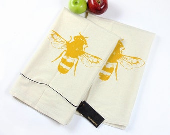 Pair of Eco-Friendly Flour Sack Tea Towels With Yellow Bee Print - Napkins - Kitchen cloth - Gift -  Housewares - Eco-Friendly