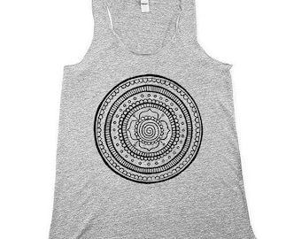 Mandala Tank Top, Womens Boho Tank Top,Triblend, Racerback, Mandala Illustration, Flower Top, BOHO - Small, Medium, Large, XL