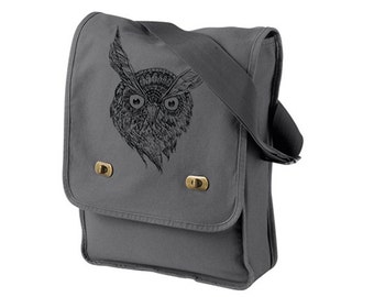 Night Owl Gray Messenger Bag - Owl Face Messenger Bag - Cotton Canvas Bag - Unisex Canvas Field Bag