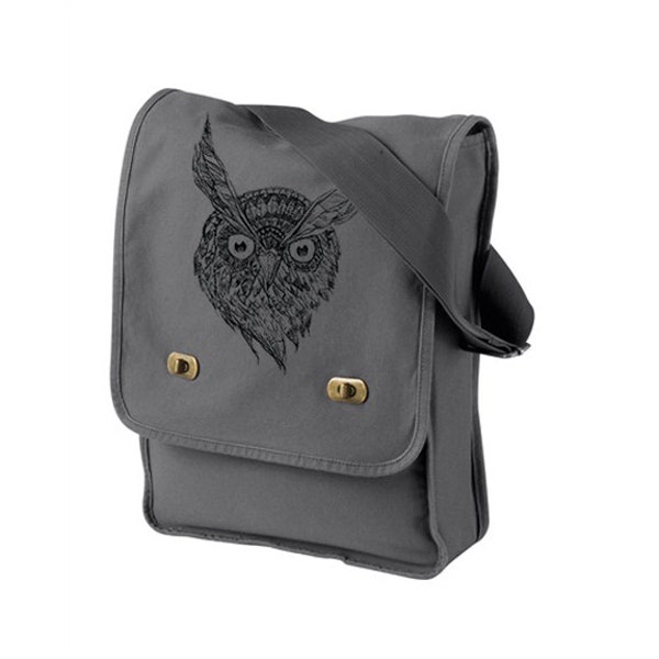 Night Owl Gray Messenger Bag - Owl Face Messenger Bag - Cotton Canvas Bag - Unisex Canvas Field Bag