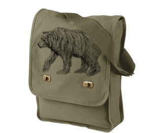 Sac messager ours vert armée - Ours californien sur sac messager en toile de coton - Sac de campagne en toile