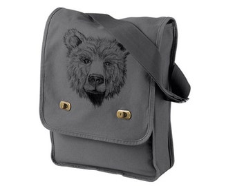 Bear Face Gray Messenger Bag - Grizzly Bear Cotton Canvas Messenger Bag - Authentic Pigment Canvas Field Bag