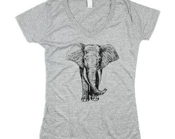 Womens Elephant Shirt - Womens Grey Elephant Vneck Tshirt - ELEPHANTS - Elephant V-Neck - 50/50 blend - Small, Medium, Large, XL