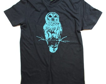 Owl Shirt, Mens Owl shirt, Grey Owl Shirt, Organic -  Small, Medium, Large, Extra Large, 2X - Blue Owl - Night owl - Wise owl - Bird