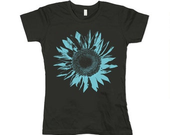 Organic Womens (Sunflower) Tshirt - Blue Sunflower - Grey  - Organic Cotton - In  XS,Small, Medium, Large, Extra Large, 2XL