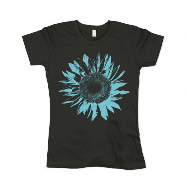 Organic Womens (Sunflower) Tshirt - Blue Sunflower - Grey  - Organic Cotton - In  XS,Small, Medium, Large, Extra Large, 2XL