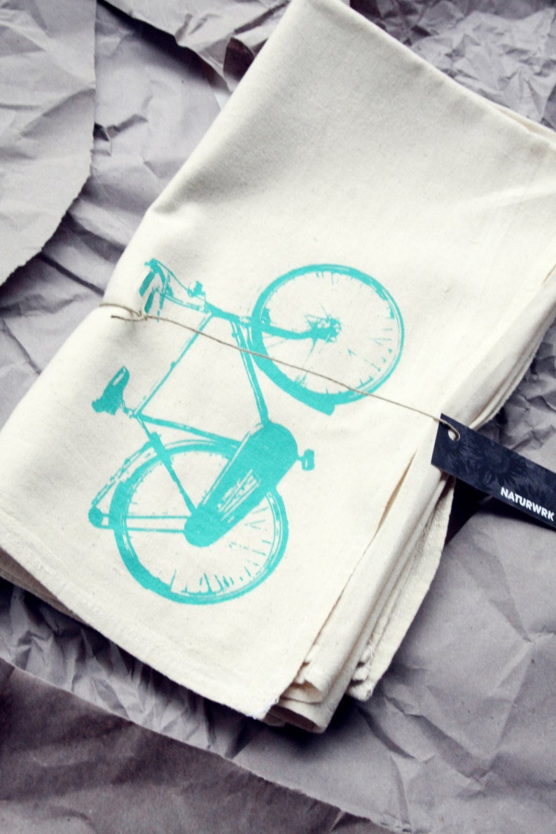 Set of 2 Flour Sack Tea Towels With Retro Teal Bike Print Eco-Friendly Housewares image 2