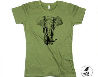 Womens Green Tshirt - ELEPHANT shirt Army Green Elephant Tshirt - Elephant Tee- Eco Friendly Organic Cotton - Small, Medium, Large, XL